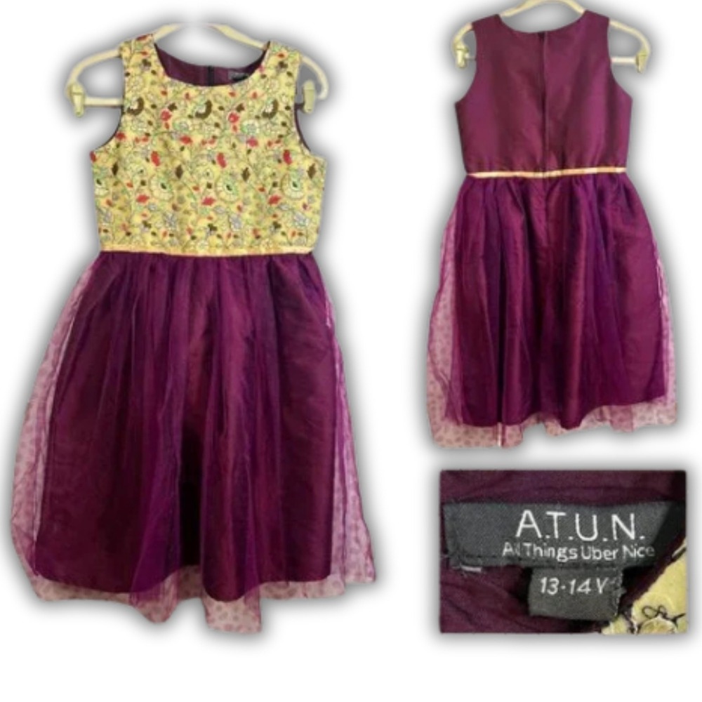 ATUN Girls Embroidered Floral Tulle Party Dance Dress Purple Gold Size 13-14Y
